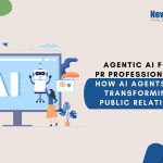 Agentic AI for PR professionals illustration showing AI agents transforming public relations workflows with a digital AI interface, automation icons, and the NewsVoir logo.