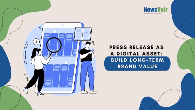 Illustration showing a press release as a digital asset that builds long-term brand value, strengthens SEO, enhances AI visibility, and improves online credibility.